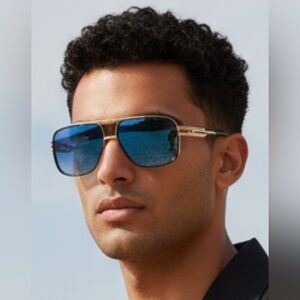 Street Knitted Men's Oversized Blue Lens Black & Gold Frame Sunglasses & Case